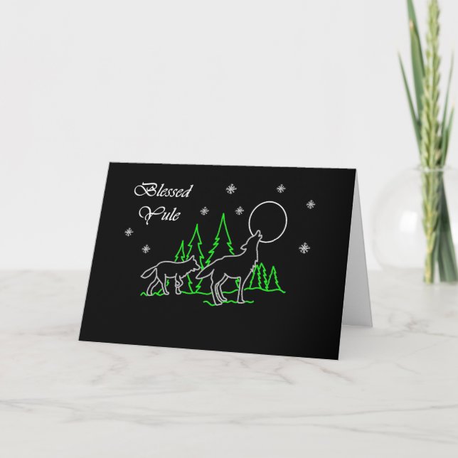 Pagan välsignade Yule med varger och månen Helgkort (Framsida)