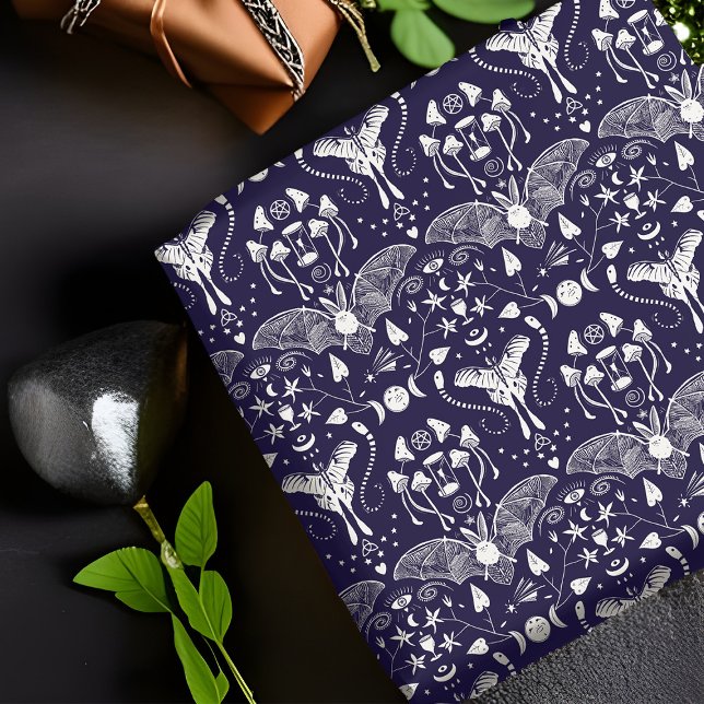 Pagan Witchy Stollig Symbols Mushroom Fladdermus M Presentpapper (Whimsigothic pagan birthday wrapping paper with bat, moth, occult symbols.  Witchy Halloween whimsy.)