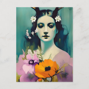 Pagan Woman Painting Rosa Orange Flowers Vykort