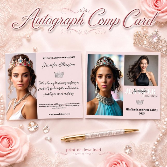 Pageant Essentials Autograf Comp Card Inbjudningar (Dazzle them with a beautiful blush pink autograph comp card for pageant contestants and titleholders)