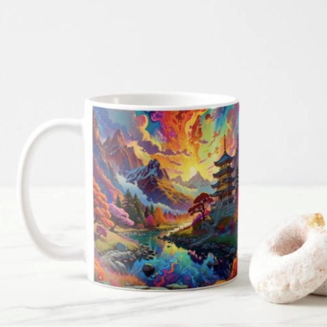 Pagod och färgat landskap kaffemugg (Vibrant Pagoda  Fantasy Landscape mug available in 11 oz & 15 oz. Microwave and dishwasher safe.)