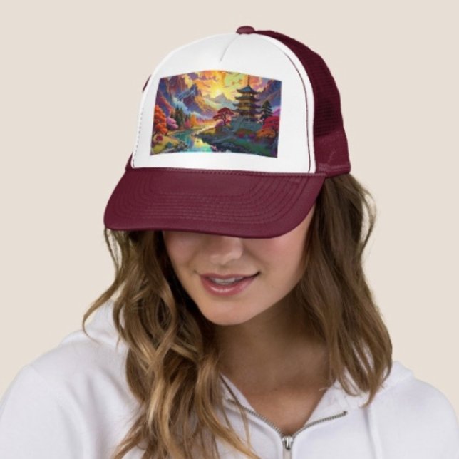 Pagod och färgat landskap  keps (Pagoda Landscape Trucker Hat   Adjust from 17" to 24" 100% polyester foam front 100% nylon mesh back)