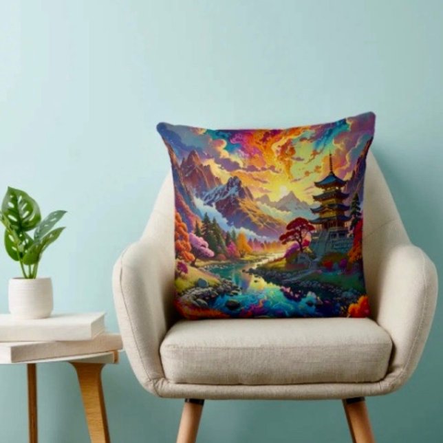 Pagod och färgat landskap  kudde (Pagoda and Coloured Landscape Throw Pillow High quality 100% polyester hidden zipper enclosure.
)