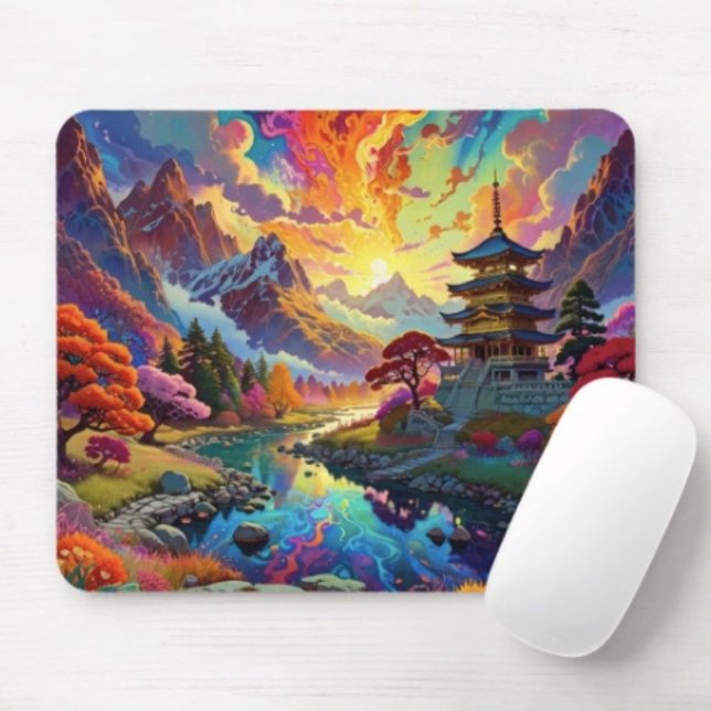 Pagod och färgat landskap  musmatta (Vibrant Pagoda  Fantasy Landscape mouse pad durable dust and stain resistant.. Non-slip rubber.)
