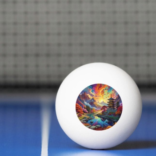 Pagod och färgat landskap ping pong boll (Vibrant Pagoda  Fantasy Landscape ping pong ball. 3-star balls  ITTF's competition specifications.)