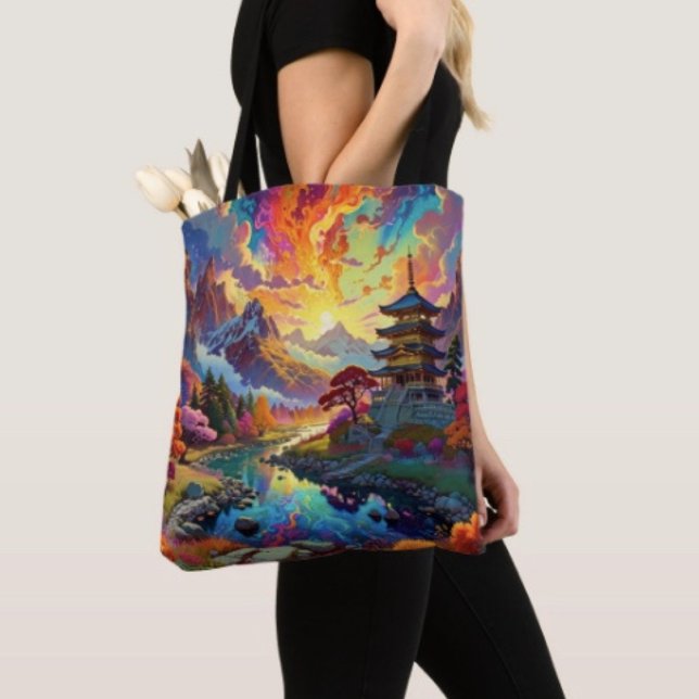 Pagod och färgat landskap tygkasse ( Pagoda Tote Bag — 100% polyester, black laminated lining 100% cotton web hand. Made in the USA.
)