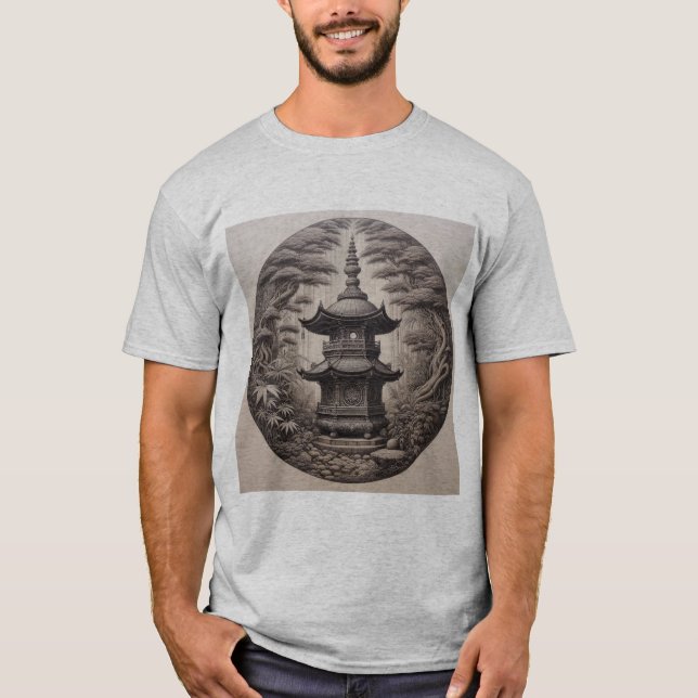 Pagoda Asiática en Bosque Tropical en Ilustración  T Shirt (Framsida)