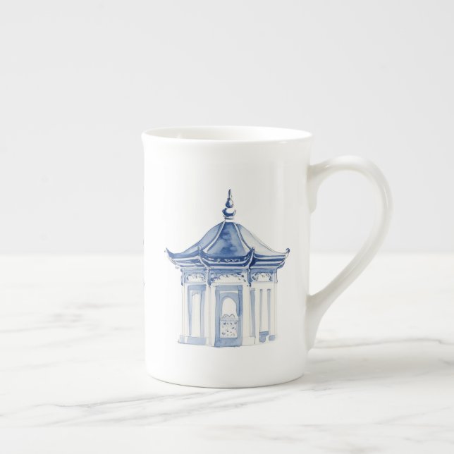 Pagoda Chinoiserie Blå och Vit Kaffekopp Benporslin Mugg (Höger)