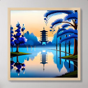 Pagoda målarjapan byggnad sunrise ser blå ut poster