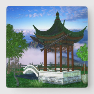 Pagoda Nature Ligcape Fantasy Art Fyrkantig Klocka