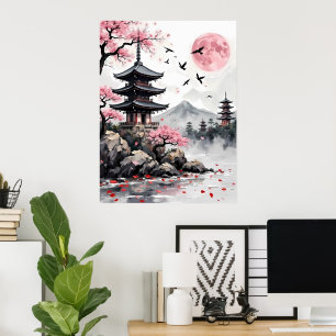 Pagoda under Rosa Måne Poster