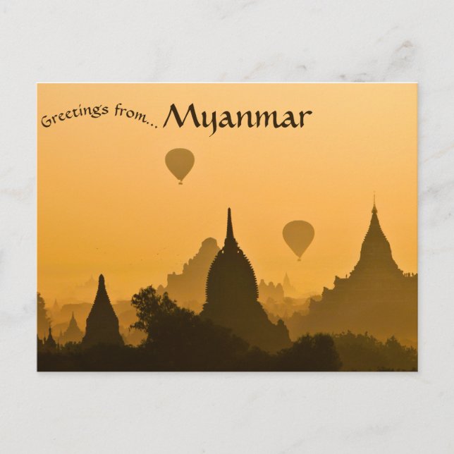 Pagodas and Balloons Sunset at Old Bagan Myanmar Vykort (Framsida)