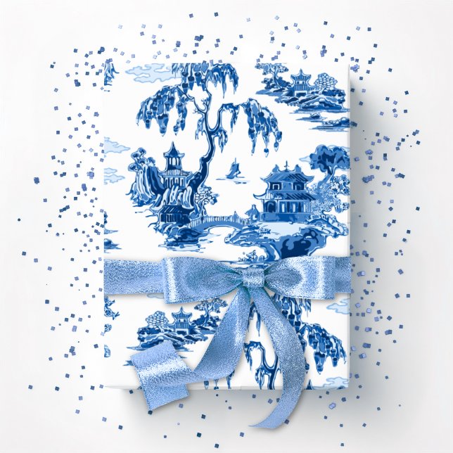 Pagodträdgård i blå porslin presentpapper (Skapare uppladdad)