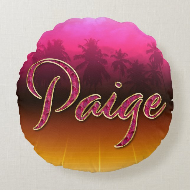 Paige Vorname Name golden pink Kissen Rund Kudde (Framsidan)