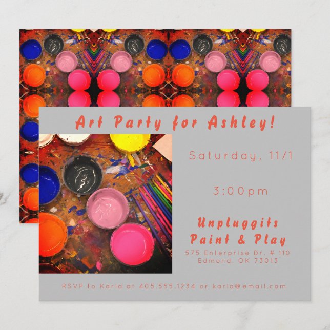 Paint and Play Art Party-inbjudan Inbjudningar (Fram/baksida)