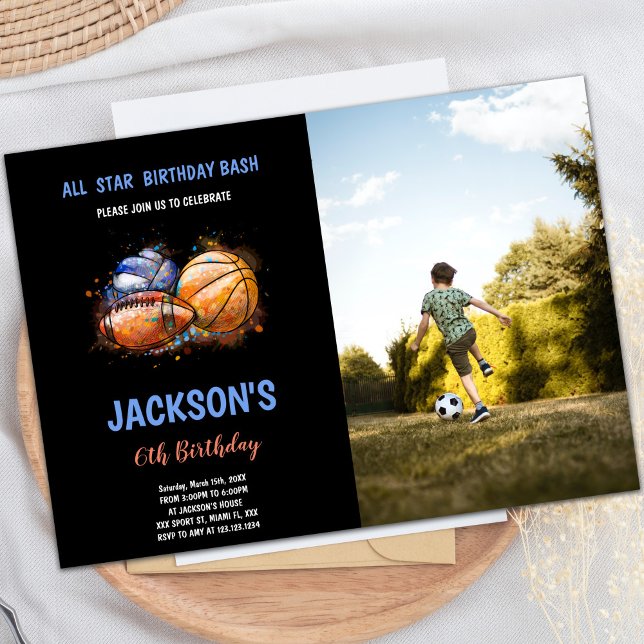 Paint Black Sports Birthday-inbjudningar med foto Inbjudningar (Paint Black Sports Birthday Invitations with photo)