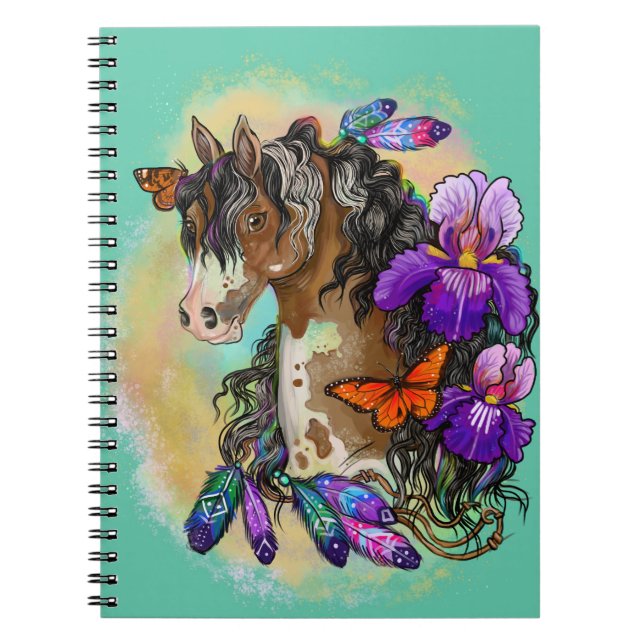 Paint Horse Mustang med Iris och butterflies Anteckningsbok (Framsidan)