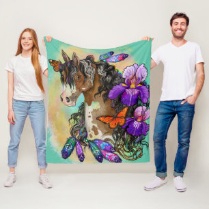 Paint Horse Mustang med Iris och butterflies Fleecefilt