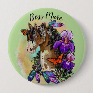Paint Horse Mustang med Iris och butterflies Knapp