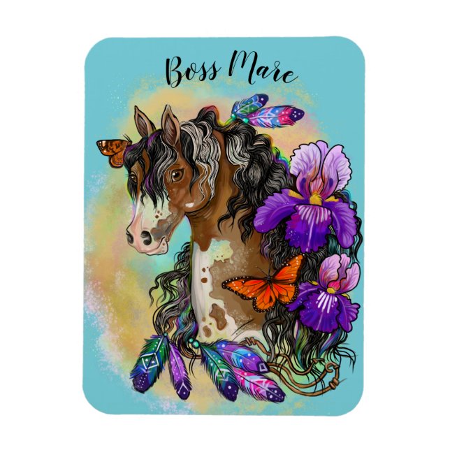 Paint Horse Mustang med Iris och butterflies Magnet (Vertikal)