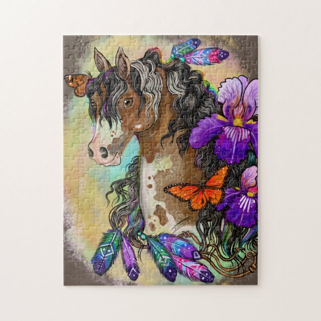 Paint Horse Mustang med Iris och butterflies Pussel (Vertikal)