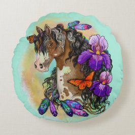 Paint Horse Mustang med Iris och butterflies Rund Kudde
