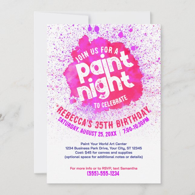 Paint Night Birthday Inbjudan - Shock rosa (Framsida)