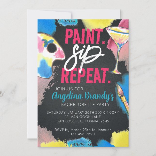 Paint och Sip Chalkboard Bachelorette Art Party Inbjudningar (Framsida)