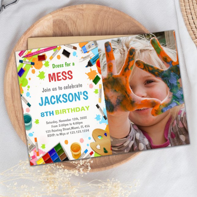 Paint Party Birthday-inbjudan med foto Inbjudningar (Kids Paint Birthday Invitations with photo)