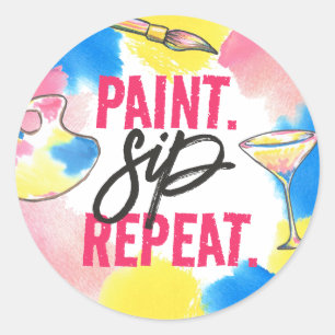 Paint Sip Repeat Bachelorette Party-förmån Runt Klistermärke