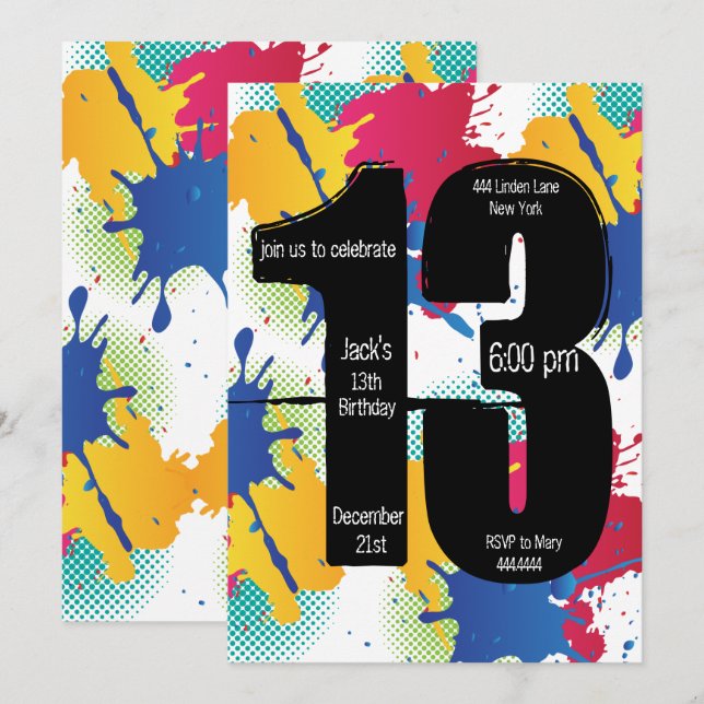 Paint Splatter 13:e födelsedagsinbjudan Inbjudningar (Fram/baksida)