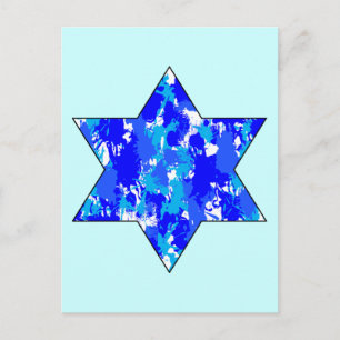 Paint Splatter Blue Jewish Star Vykort