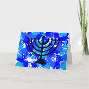 Paint Splatter Blue Menorah Helgkort