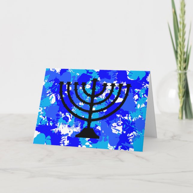 Paint Splatter Blue Menorah Helgkort (Framsida)