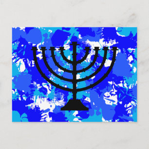 Paint Splatter Blue Menorah Vykort