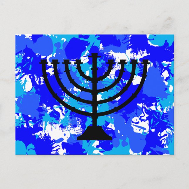 Paint Splatter Blue Menorah Vykort (Framsida)