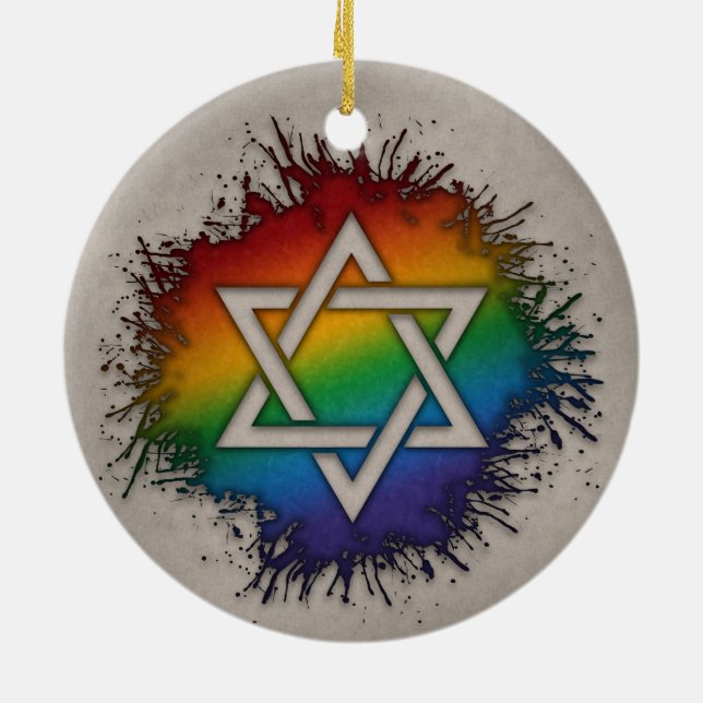Paint Splatter LGBTQ Rainbow Star of David Julgransprydnad Keramik (Baksidan)