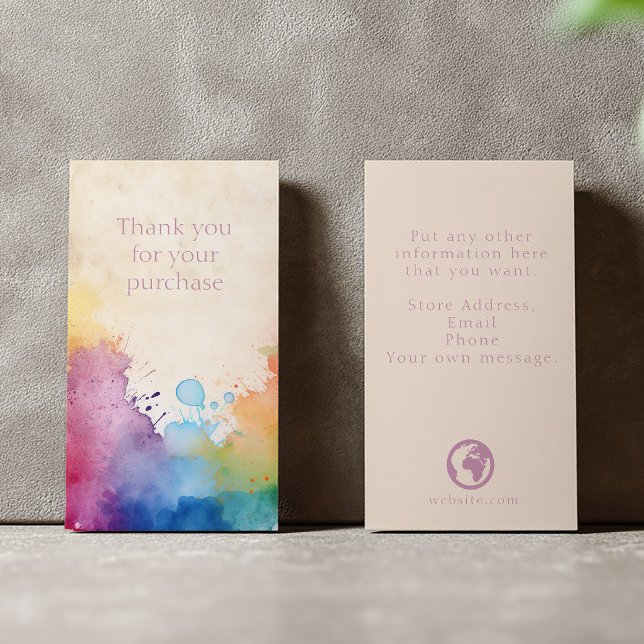 Paint stänk tackar dig för ditt köp tilläggskort (Paint splashes insert card saying "Thank you for your purchase' and details on the back.)