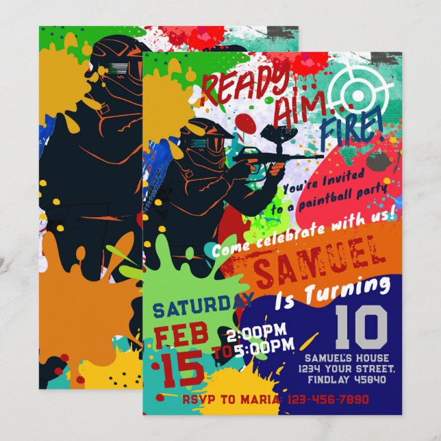 Paintball Birthday bjudande, Paintball Inbjudan (Fram/baksida)