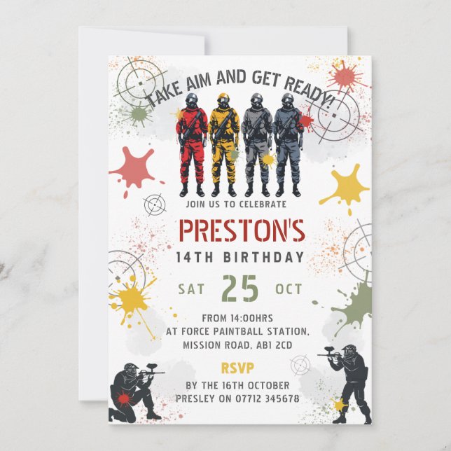 Paintball Birthday Invitation Take Aim & Get Ready Inbjudningar (Framsida)