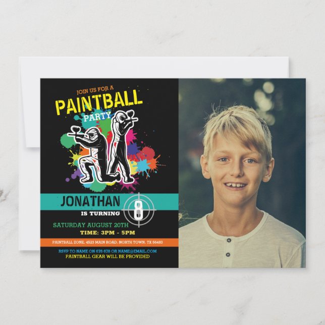 Paintball Birthday Paint Boys Girls Foto Inbjudningar (Framsida)