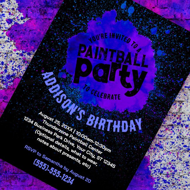 Paintball Födelsedagsfest Anpassningsbar Inbjudan  (purple paint splatter customizable birthday invite against a paint splattered brick background)