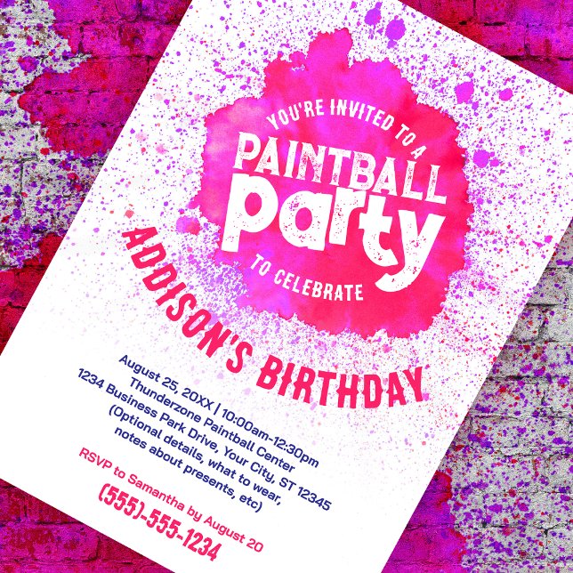 Paintball Födelsedagsfest Anpassningsbar Inbjudan  (pink paint splatter customizable birthday invite against a paint splattered brick background)