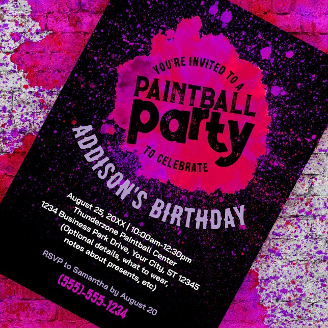 Paintball Födelsedagsfest Anpassningsbar Inbjudan  (pink paint splatter customizable birthday invite against a paint splattered brick background)