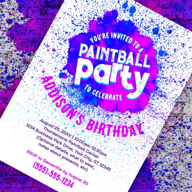 Paintball Födelsedagsfest Anpassningsbar Inbjudan  (purple paint splatter customizable birthday invite against a paint splattered brick background)