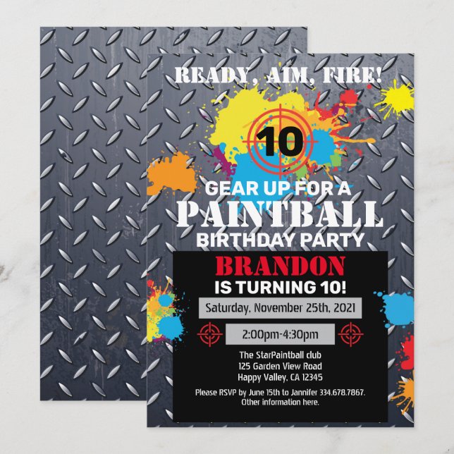 Paintball Födelsedagsfest inbjudan Kid Tonåring Vu (Fram/baksida)