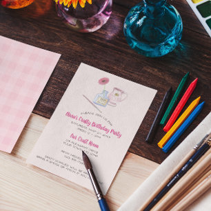 Paintbrush och Daisy Rosa Gingham Party Inbjudningar