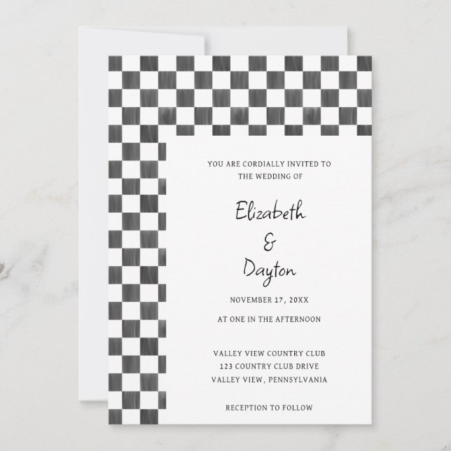 Painted Black and White Check Pattern Wedding Inbjudningar (Framsida)