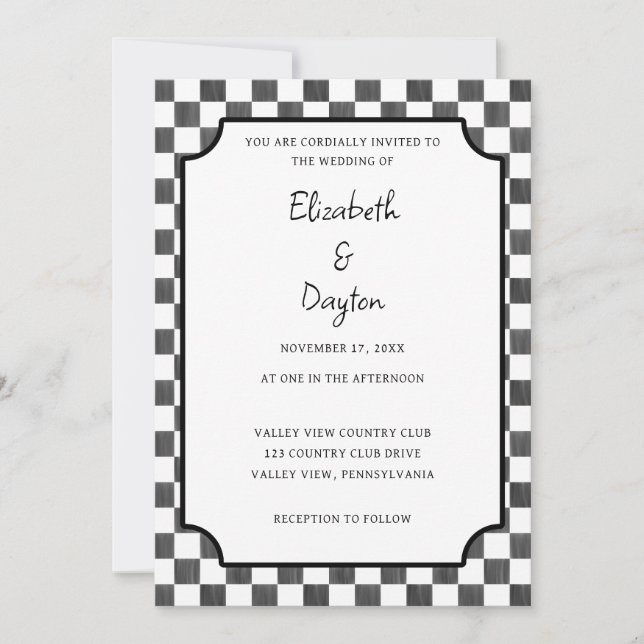 Painted Black Checkerboard Pattern Wedding Inbjudningar (Framsida)