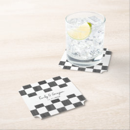 Painted Black Checkerboard Pattern Wedding Underlägg Papper